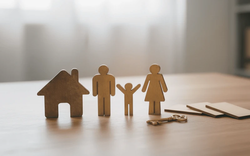 Familienfiguren, Haus und Schlüssel: Schutz
